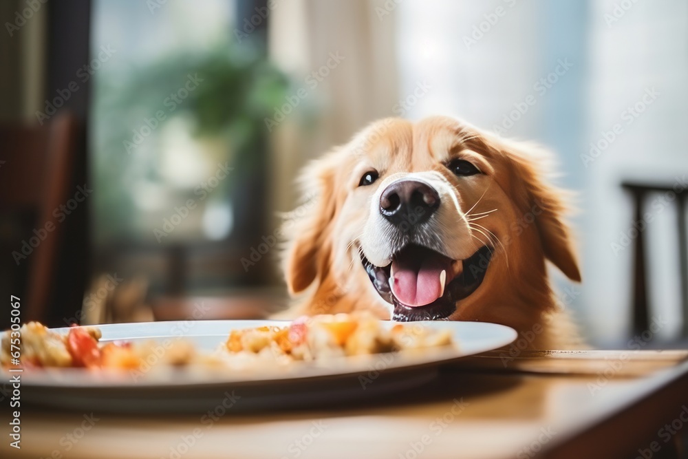 dog eat food with happiness in the house - obrazy, fototapety, plakaty 