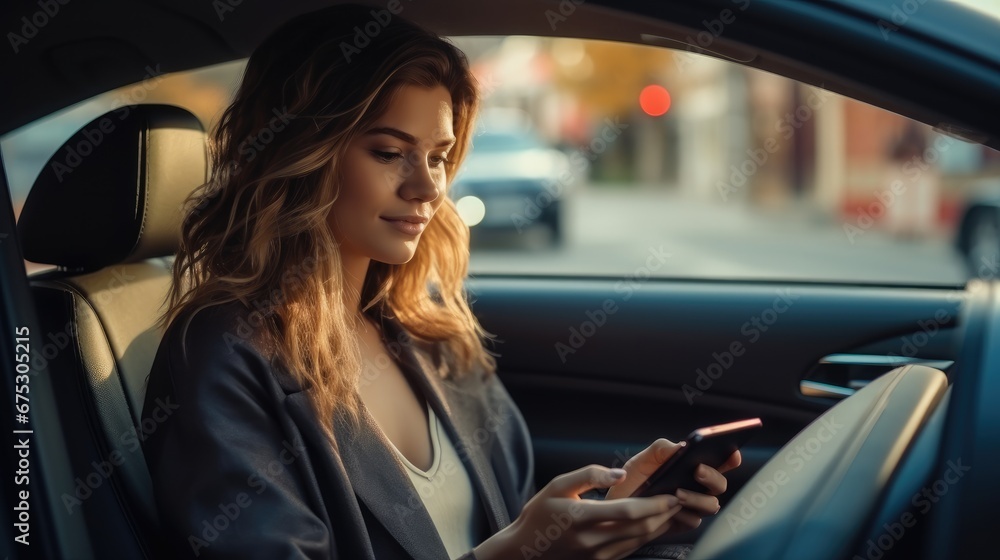 Beautiful young woman sitting behind the wheel in a car and holding a smartphone in a hand. Beautiful young woman sitting behind the wheel in a car and holding a smartphone in a hand.