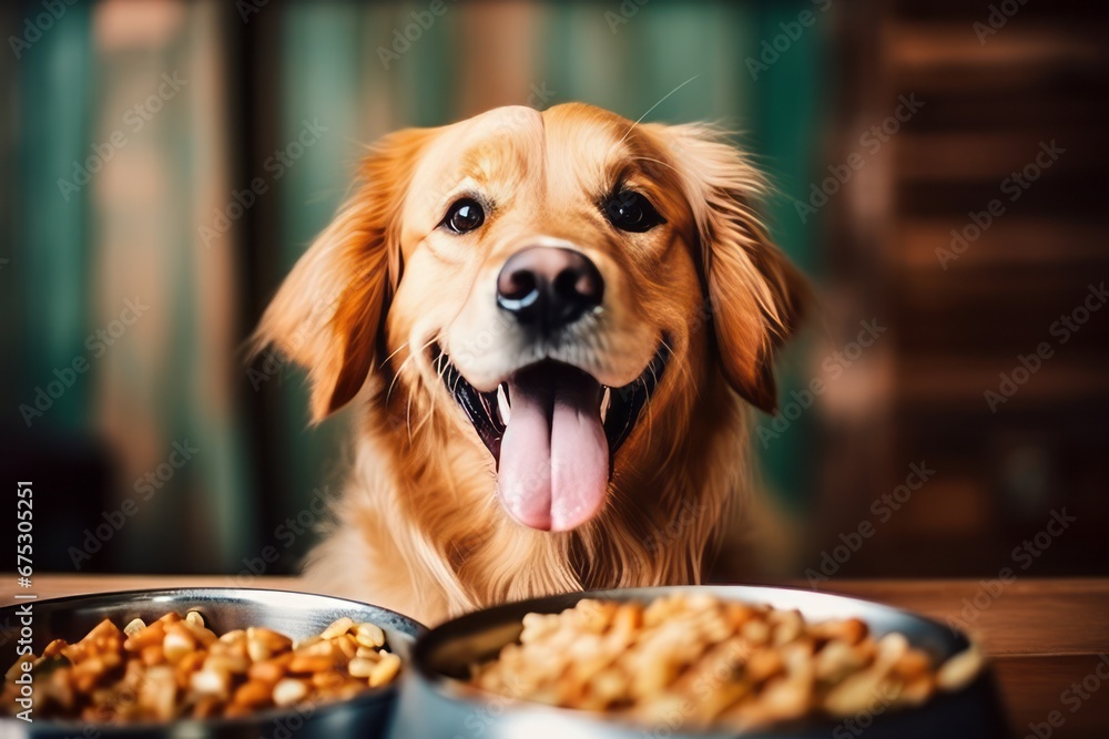 dog eat food with happiness in the house - obrazy, fototapety, plakaty 