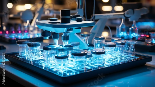 Advanced Scientific Research Lab with High-Tech Microscope and Various Specimen Vials Glowing Blue