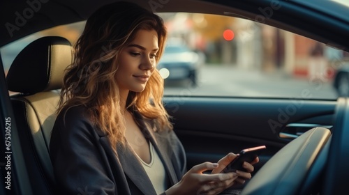 Beautiful young woman sitting behind the wheel in a car and holding a smartphone in a hand. © visoot