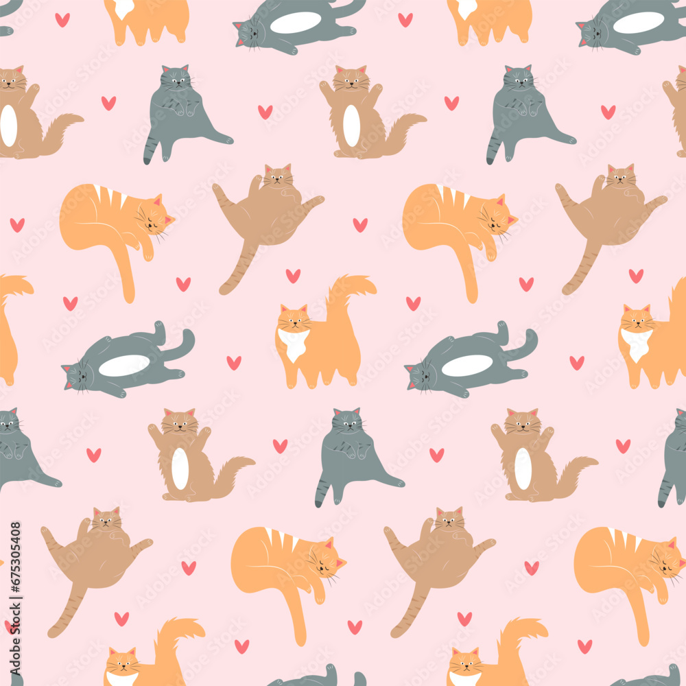 Cute fat cats and heart seamless pattern. Lazy fluffy funny cartoon characters in different poses on pink background. Cute fat cats and heart seamless pattern. Lazy fluffy funny cartoon characters in different poses on pink background.