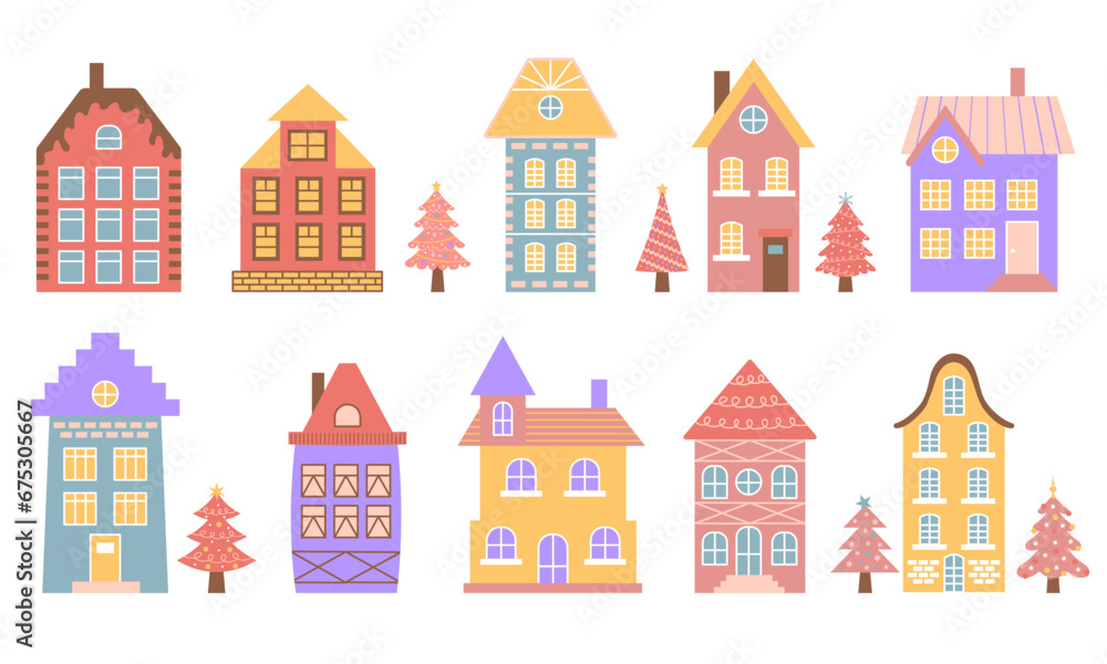 Cute pastel scandinavian houses set. Dutch canal houses with pink Christmas trees. Traditional architecture Netherlands, Belgium and Amsterdam.