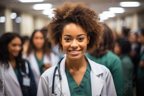 Young African black female doctor smiling while standing in a hospital corridor with a diverse group of staff in the background.