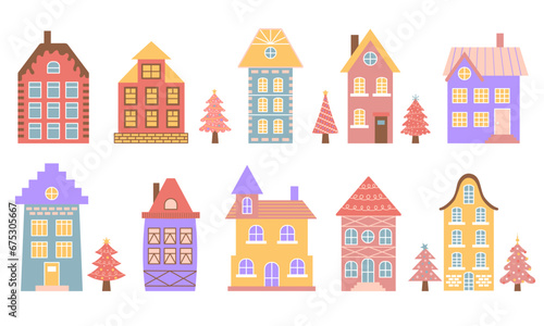 Cute pastel scandinavian houses set. Dutch canal houses with pink Christmas trees. Traditional architecture Netherlands, Belgium and Amsterdam.