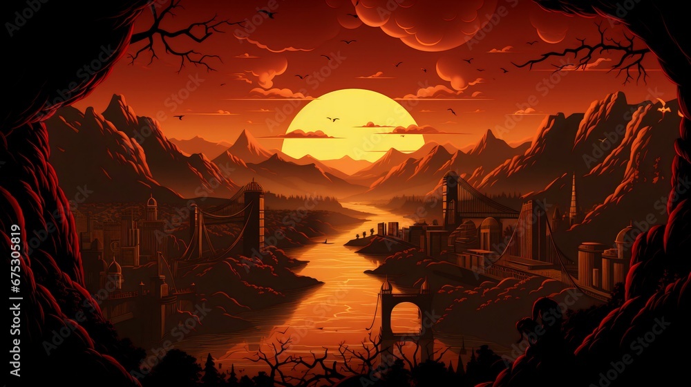Majestic Sunset Over City and Mountains with Iconic Bridges and Luminous River View