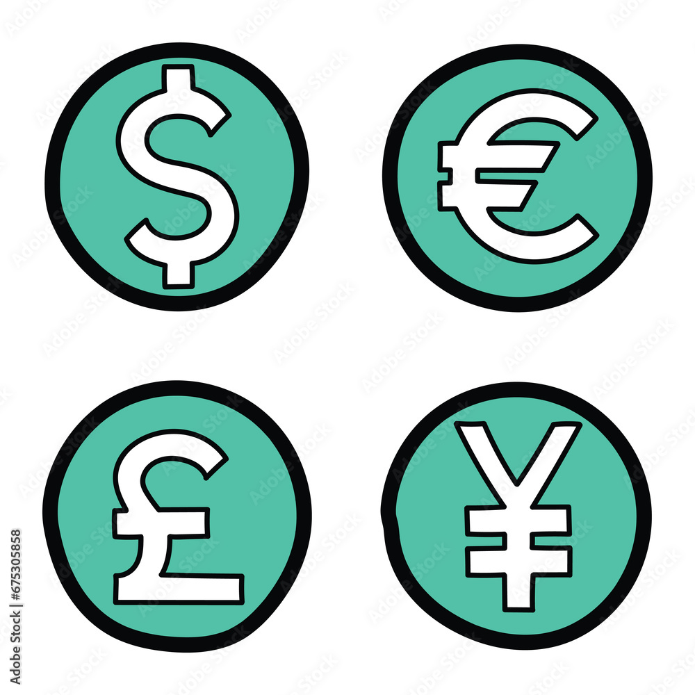 Obraz premium A hand-drawn cartoon doodle set of currency icons on a white background. Dollar, euro, pound, yen.