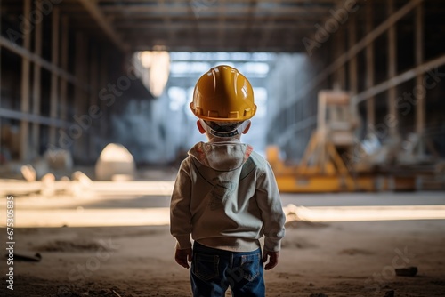 a boy in a helmet of a working engineer on the background of construction. Construction site photo