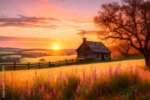 Easter Morning Sunrise: Imagine a tranquil rural landscape with rolling hills and a warm