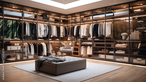 Modern light luxury style walk-in closet, Dressing area which full of luxury brands product and well organized. © visoot