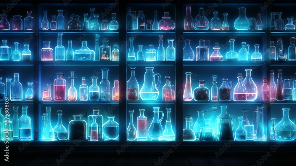 Mystical Glowing Bottles on Shelves, a Magical Potion Collection in a Neon Lit Laboratory Mystical Glowing Bottles on Shelves, a Magical Potion Collection in a Neon Lit Laboratory