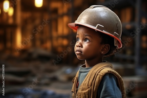 a african american boy in a helmet of a working engineer on the background of construction. Construction site © vasyan_23