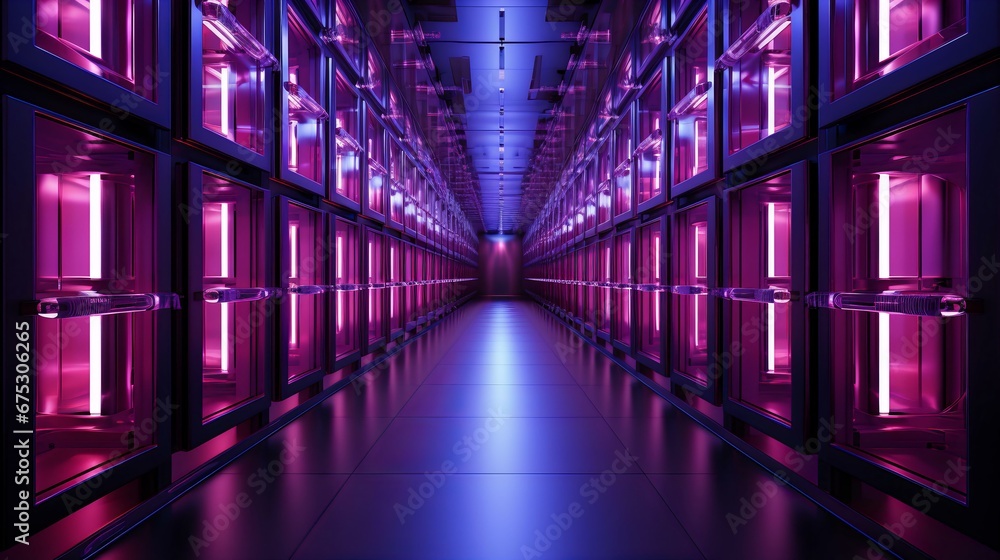 Modern Data Center Corridor Illuminated with Pink and Purple Lights Showcasing High Capacity Servers