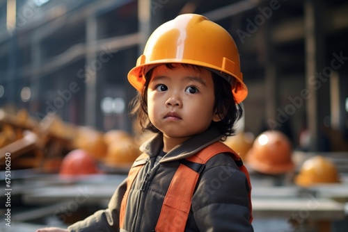 a asian boy in a helmet of a working engineer on the background of construction. Construction site © vasyan_23