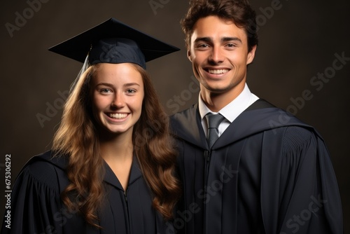 Portrait of a couple of recent graduate students on dark background.