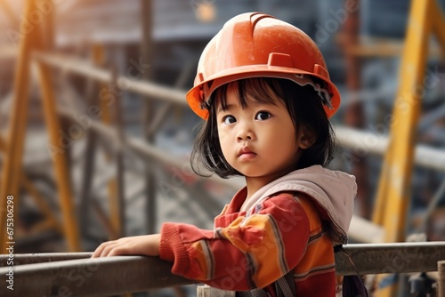 a asian girl in a helmet of a working engineer on the background of construction. Construction site photo