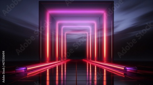 Neon Lights Forming Infinite Corridors in a Dark Futuristic Abstract Tunnel Design Concept