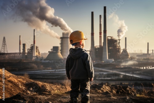 a boy on the background of a working factory