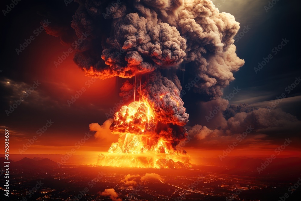 Eruption of a big super volcano, Explosion, Fire.