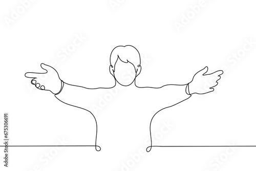 man stands with arms outstretched wide apart - one line art vector. concept offer hugs