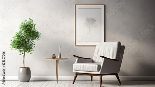 Living room with gray armchair plant wooden lamp