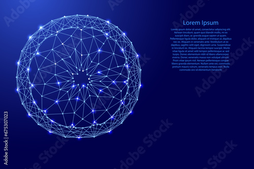 Orange citrus fruit, cut, sectors, from futuristic polygonal blue lines and glowing stars for banner, poster, greeting card