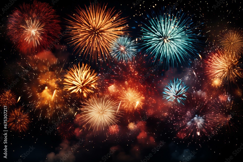 A Celestial Celebration: Vibrant Fireworks Exploding in the Night Sky with Dazzling Colors