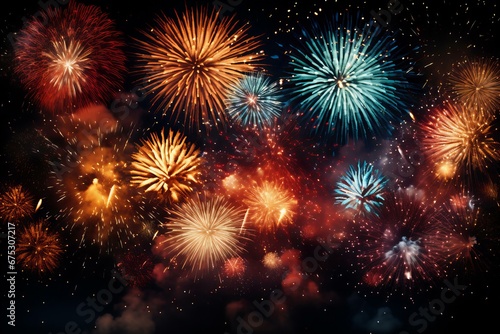 A Celestial Celebration: Vibrant Fireworks Exploding in the Night Sky with Dazzling Colors