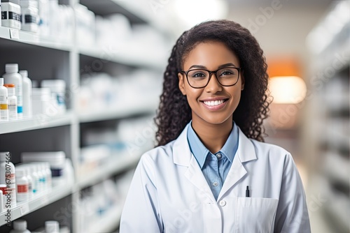 Pharmacist woman in glasses looking into the frame, in the background pharmacy racks with drugs, medicines