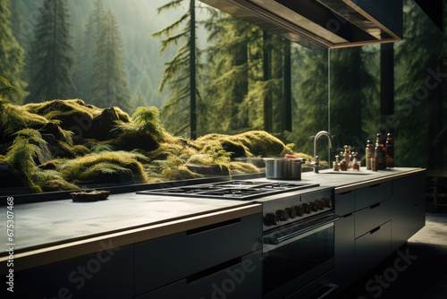 Outdoor kitchen with range hood, Countertop, Minimalist style, Majestic forest scenery.
