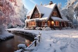 A cozy cottage in a winter wonderland in Christmastime.