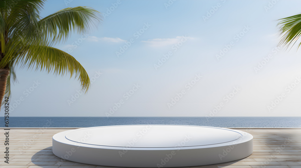 Tropical summer scene with white podium for product presentation, palm leaves and sea background.