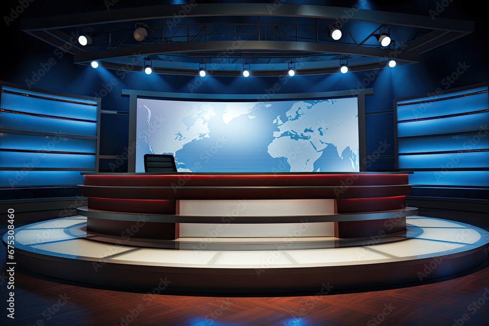 The studio's a news set. Studio TV news program. Newscaster background - obrazy, fototapety, plakaty 