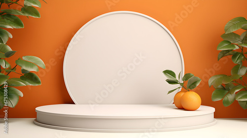 Summer mockup concept for product presentation. Empty podium and orange fruits on orange background. 3d rendering illustration.