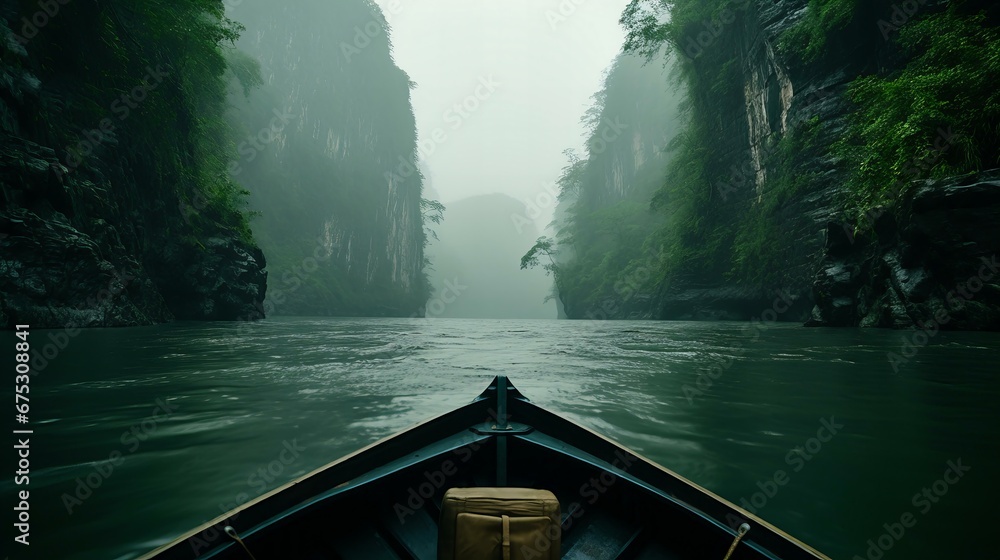 Fototapeta premium Mysterious Journey Through the Misty Gorge: Silent Canoe Ride in the Heart of Nature