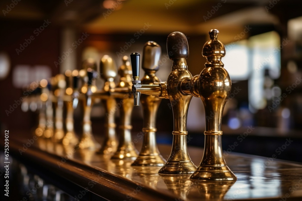 An image showing a pub's beer taps with steel faucets gleaming taps on ...