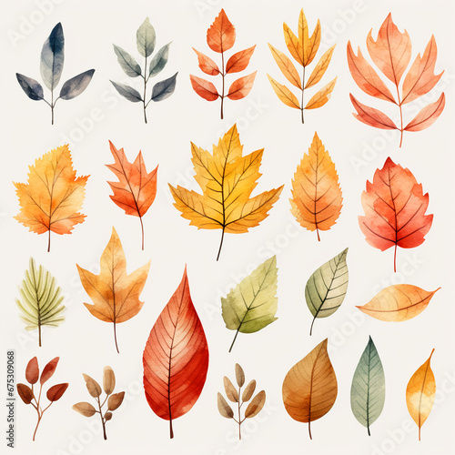 set of watercolor clip art of autumn leaves isolated on white background for graphic design