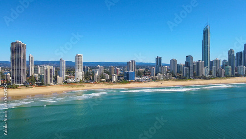 Aerial drone view of Surfers Paradise on the Gold Coast of Queensland, Australia on a sunny day  © Steve