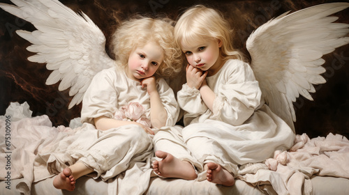 The small innocent angels in the image look up at the sky, their faces full of wonder and curiosity.