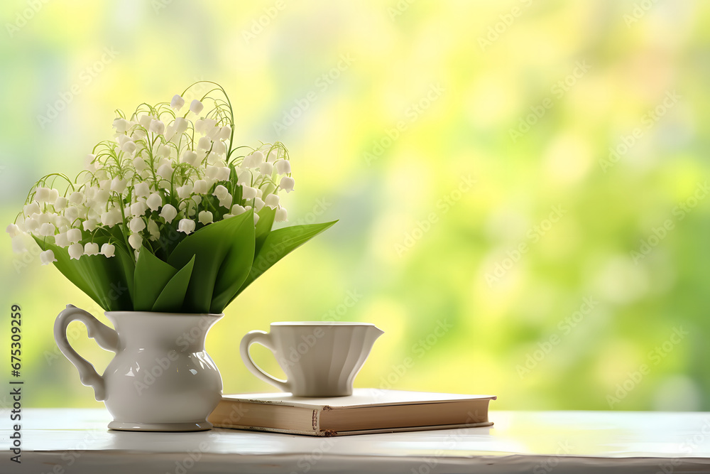 Lily of the valley in cup and books on white table, green natural background. symbol of spring season. beautiful romantic floral composition. copy space.