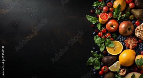 Vibrant Cornucopia of Fresh Fruits and Vegetables on a Dark Background with Space for Text