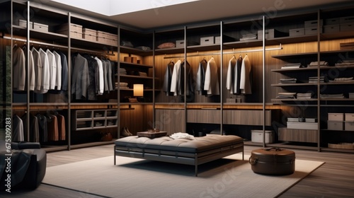 Minimalist dressing room interior design in dark gray, brown with furniture, Interior design of luxury walk in closet.