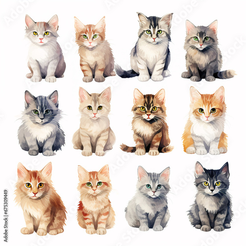 set of watercolor clip art of cats isolated on white background for graphic design