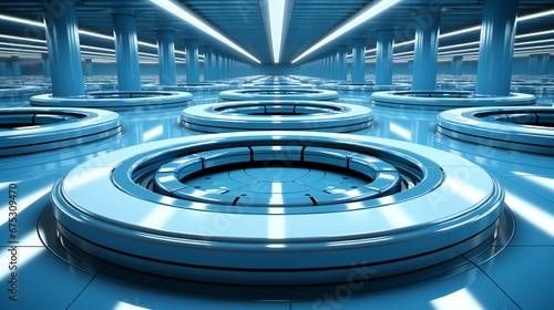 Futuristic Blue-Lit Circular Platforms in a High-Tech Hallway of Advanced Scientific Research Facility