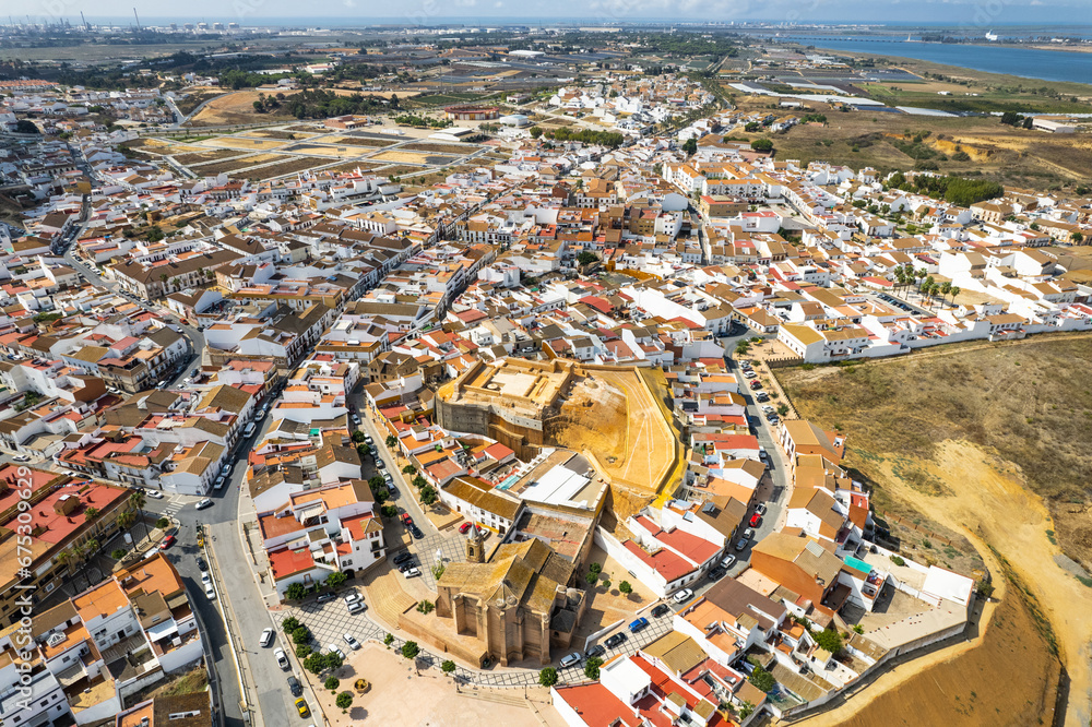 Fototapeta premium Aerial drone panorama of Palos de la Frontiera cityscape, Huelva, Spain