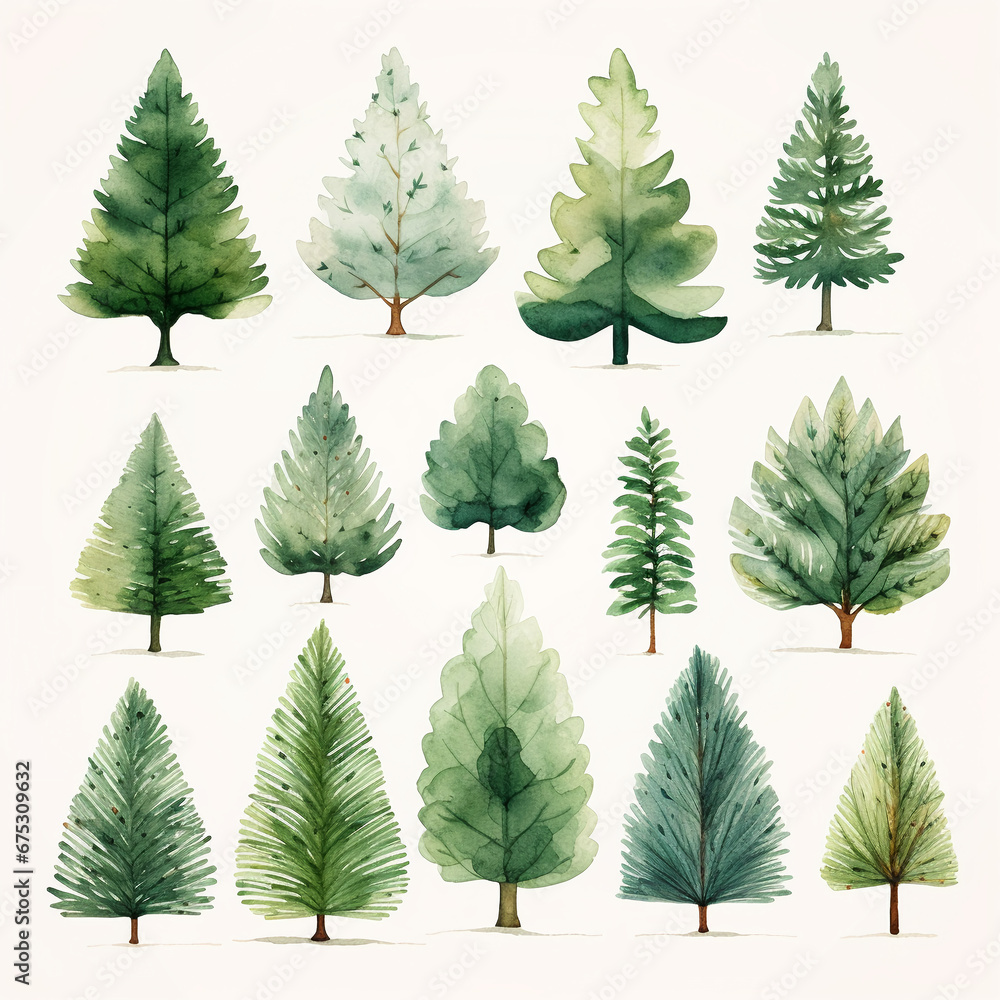 set of watercolor clip art of fir trees isolated on white background for graphic design