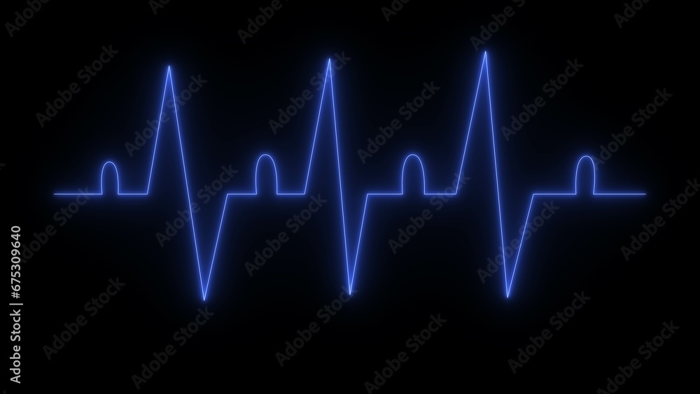 ECG heartbeat monitor, Blue color glowing neon heart pulse graphic illustration ,