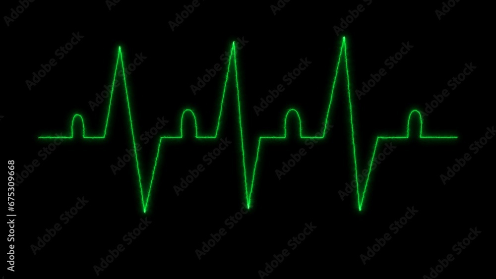 Green color and black background. ECG heartbeat monitor, cardiogram heart pulse line wave.