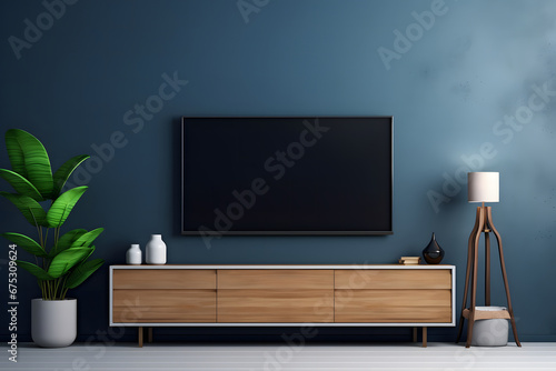 Modern interior of living room with tv on the cabinet on dark blue wall background.