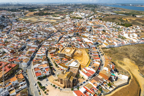 Aerial drone panorama of Palos de la Frontiera cityscape, Huelva, Spain